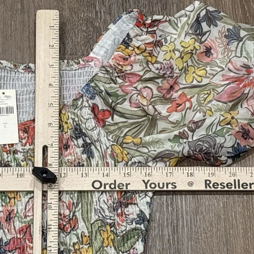 Anthropologie Smocked Top Large Floral Mesh Puff Sleeve Boho Coquette NEW